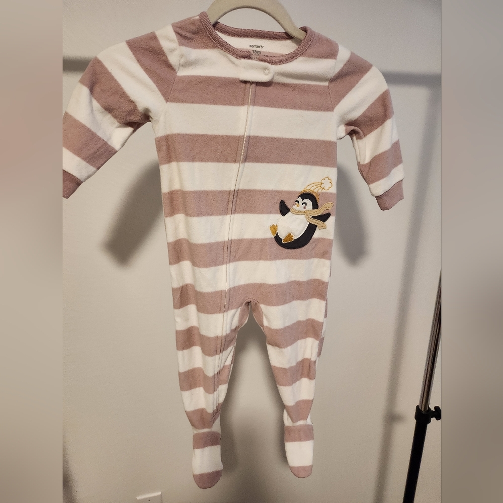 Carter's Pink and White Striped Footie with Penguin